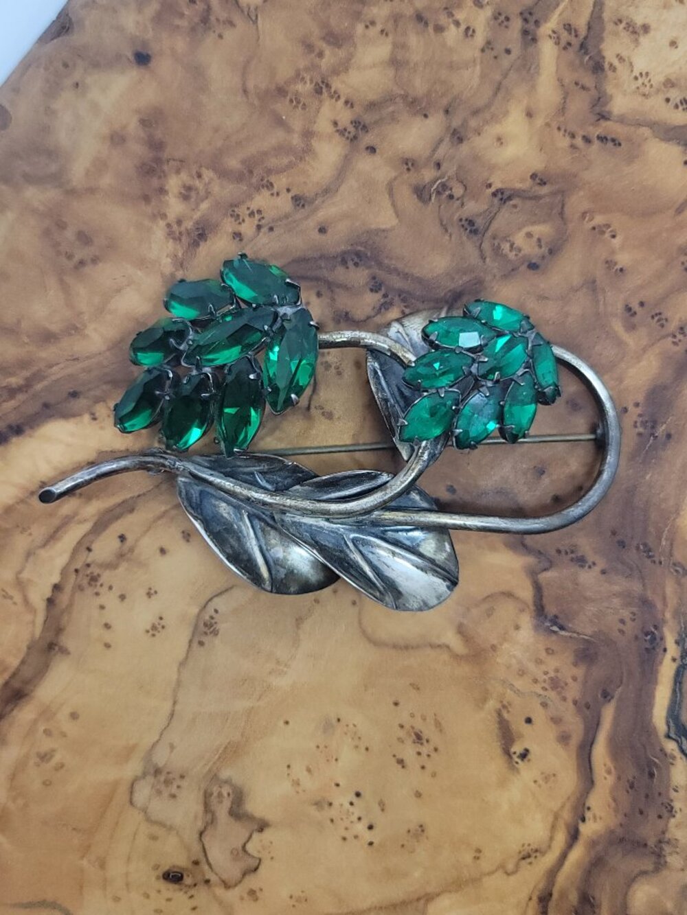 Vintage Retro Sterling, Glass & Rhinestone Spray Floral Brooch